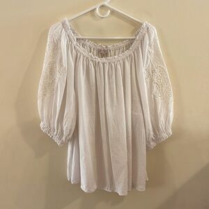 Knox Rose Womens White Smocked Bishop 3/4 Lace Puff Sleeve Top Sz XXL